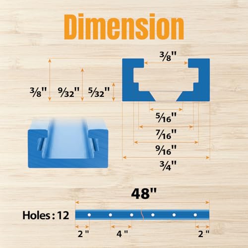 POWERTEC 71158-P3, 6 Pack, 48 Inch Double-Cut Profile Universal T-Track with Predrilled Mounting Holes, Aluminum T Track for Woodworking Jigs and Fixtures, Drill Press Table, Router Table, Workbench - size: 48" T track, 6PK