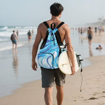 Drawstring Climbing Gym Bag With Water Bottle Holder Drawstring Gym Bags with Wet Dry Compartments Abstract Blue Water Wave Dots