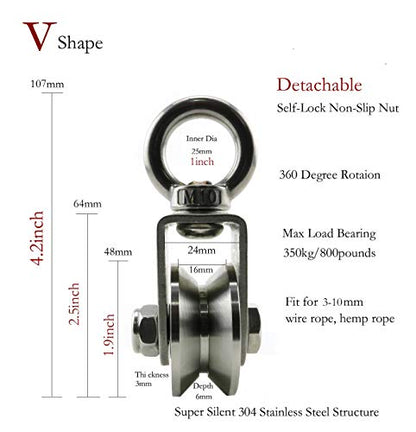 Heyous 1-Pack V Type Swivel Pulley 304 Stainless Steel Duplex Bearing Super-Silent Detachable 360 Degree Rotation Heavy Duty Traction Wheel - style: V Type Slot