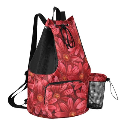 Drawstring Gym Bags Climbing Gym Bag With Inside Pockets Cinch Sacks Wet and Dry Separation Daisy Flower Red