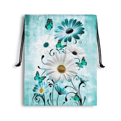Storage Bag With Drawstring Daisy Flower Butterfly Green Pouch for Outdoor Hiking Sport - color: Butterfly Flower-green, size: 18"(H)*14"(W)