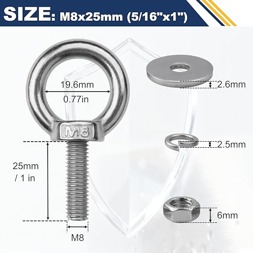 4 Pack M8 Stainless Steel Eye Bolts with Nuts, 5/16" x 1" Eye Bolts | 304 Stainless Steel Eye Bolt,Eye Bolts Heavy Duty for Hang Tie Down Outdoor,m8 eye bolt,Long Lifting Ring Eye Bolt - size: M8x26mm (5/16"x1")
