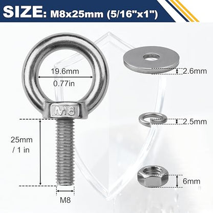 4 Pack M8 Stainless Steel Eye Bolts with Nuts, 5/16" x 1" Eye Bolts | 304 Stainless Steel Eye Bolt,Eye Bolts Heavy Duty for Hang Tie Down Outdoor,m8 eye bolt,Long Lifting Ring Eye Bolt - size: M8x26mm (5/16"x1")