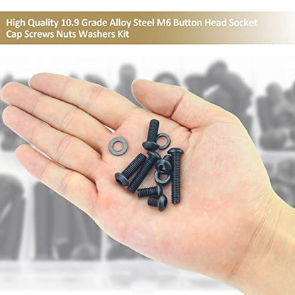 148 Pieces Black M6 x 8/10 /12/16 /20/25 /30mm Button Head Socket Cap Screws Nuts Washers Assortment Kit, 10.9 Grade Alloy Steel - size: M6, style: Button Head