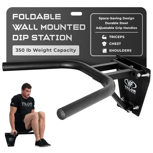 Valor Fitness Wall Mount Dip Bar, Foldable Dip Station | 350 lb Capacity, Multi-Grip Handles, Heavy-Duty Steel, Leg Raises, Bodyweight Training