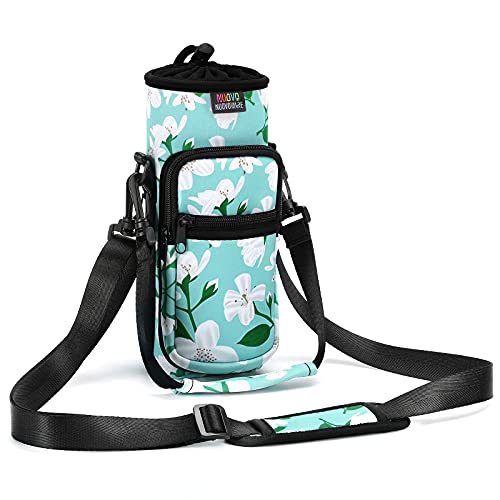 Nuovoware Water Bottle Carrier Bag, 25oz/32oz Bottle Pouch Holder, Adjustable Shoulder Hand Strap 2 Pocket Sling Neoprene Sleeve Sports Water Bottle Accessories for Gym Hiking Travelling, Green Lily - color: Green Lily, size: 25-32 Ounces - Standard