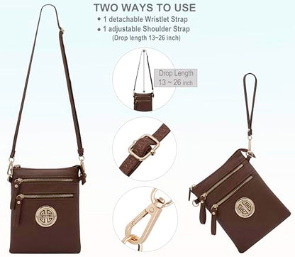 Solene Small Multi Zipper Pockets Crossbody Bag with Detachable Wristlet - color: Coffee