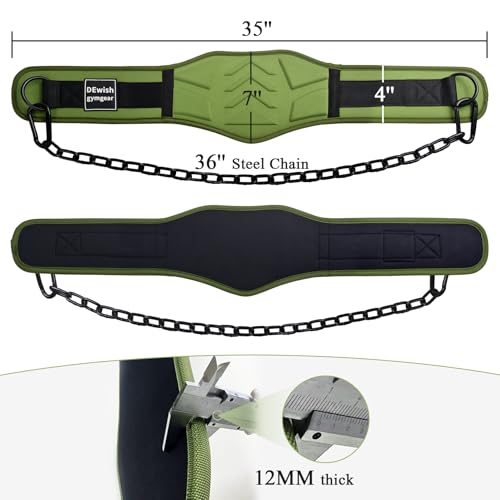 12 mm Thick Heavy Duty Dip Belt with 36 IN Steel Chain, 35" Weighted Pull Up Belt for Added Weight Training, Chin Ups, Pull Ups, Tricep Dips And More - color: Military Green