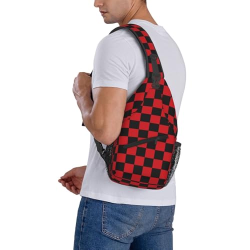 Checkered Crossbody Sling Bag for Women Men Abstract Geometric Pattern Christmas Plaid Sling Backpack Casual Chest Shoulder Bag Checkerboard with Red and Black Squares Sports Hiking Daypack - color: Black Red