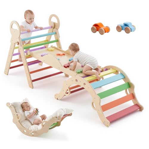 VEVOR Pikler Triangle Set, 9-in-1 Toddler Climbing Toys Indoor, with 2 Wooden Cars, Cushion, Triangle, Arch, and Ramp, 150 lbs Load, Foldable Montessori Climbing Set for Toddlers and Kids, Rainbow - color: Multicolor
