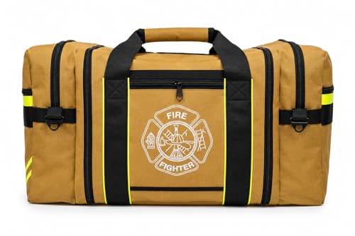 Firefighter Turnout Gear Bag – Heavy Duty Fire Resistant Equipment Duffel with Ventilation Pocket, Reflective Striping, Name Holder & Padded Shoulder Strap – Fireman Gear Bag (Khaki)