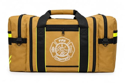 Firefighter Turnout Gear Bag – Heavy Duty Fire Resistant Equipment Duffel with Ventilation Pocket, Reflective Striping, Name Holder & Padded Shoulder Strap – Fireman Gear Bag (Khaki)