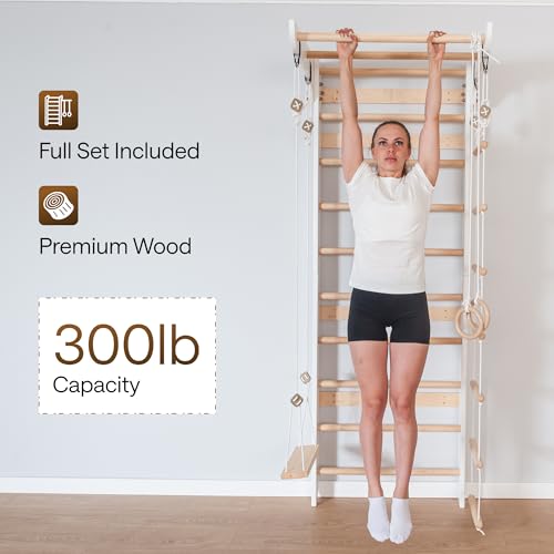 WEDANTA Wooden Swedish Ladder Wall Set – Kids Stall Bars for Exercise – Kids Swedish Gymnastic Wall Gym – Wood Stall Bar Gymnastics Playground – Best Gym for All Family - color: White