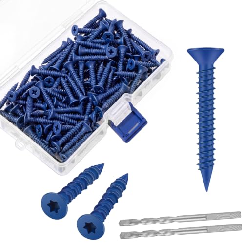 MorningRo 200 Qty 1/4" x 1-3/4" Star Head Concrete Screws Anchor with Drill Bits Blue Star Drive Bugle Head Screws for Anchor Masonry, Block, Brick, Cement, Stucco, Diamond Point, Wood Fastening - size: 1/4" X 1-3/4", style: Star Head