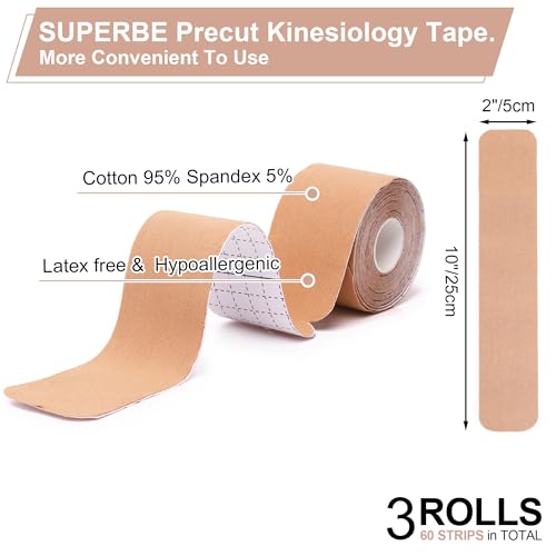 SUPERBE K Athletic Tape, Kinesiology Tape Precut - Premium Kinesthetic Tape for Muscles Knee Shoulder Elbow, 2 Inch x 16.5 feet (3 Rolls Pack) - color: Beige