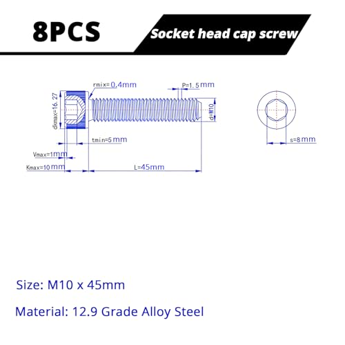 M10-1.5 x 45mm Socket Head Cap Screws Cap Bolts, 12.9 Grade Alloy Steel Black Oxide, Allen Socket Drive, Machine Full Thread, 8 PCS (16mm-80mm Available) - size: M10x45mm(8PCS)