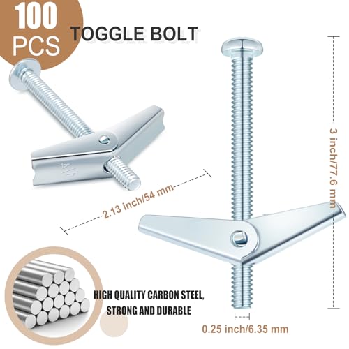 Yaocom 100 Pcs 1/4" x 3" Toggle Bolts Butterfly Screws Anchors Heavy Duty Wall Anchors for Drywall with Wing Nuts for Hanging Heavy Objects on Drywall - size: 1/4" X 3"
