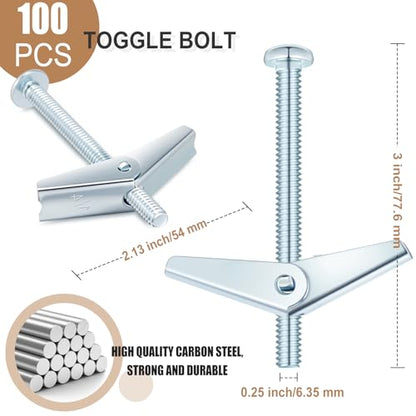 Yaocom 100 Pcs 1/4" x 3" Toggle Bolts Butterfly Screws Anchors Heavy Duty Wall Anchors for Drywall with Wing Nuts for Hanging Heavy Objects on Drywall - size: 1/4" X 3"