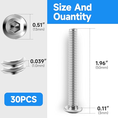 30Pcs M6 x 50mm M6 Screws Flat Head Socket Cap Screw Bolts Furniture Bolts, Allen Socket Drive M6 Bolt, 304 Stainless Steel Bolts, Bright Finish M6x1.0 Bolt by Marysino - color: Silver, size: M6 x 50mm