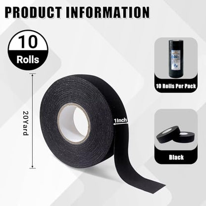 10 Roll Black Hockey Tape, Fabric Anti-Slip Grip Tape, Versatile Stick Wrap for Hockey Sticks, Baseball Bats, Boxing, Rock Climbing, Pull Up Bar and Sports Gear