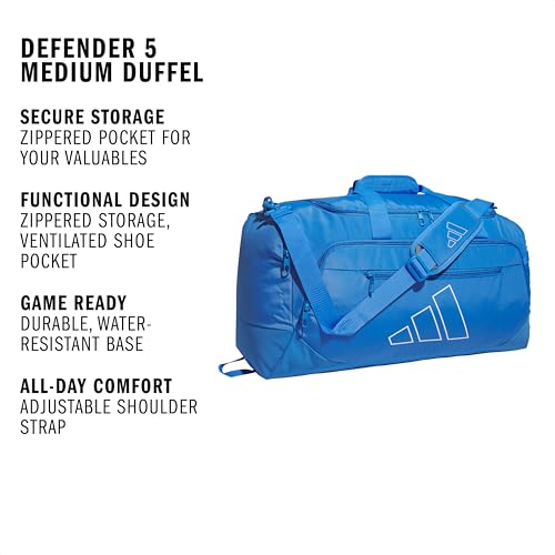 adidas Defender 5 Duffel Bag for Sports, Gym and Travel, Ray Blue/White, OSFA - color: Ray Blue/White/Medium 59L, style: Medium 59l