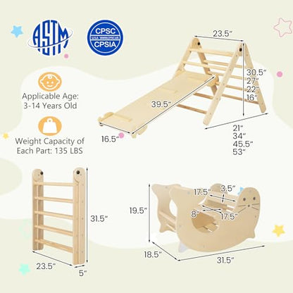 Costzon Climbing Toys for Toddlers, Foldable Montessori Wooden Arch Climber Ladder with Sliding Ramp, Play Table, Multi-Combination Methods, Kids Triangle Climber Play Gym Set for Boys Girls Present - style: 7 in 1 Arch Climber Ladder, Natural