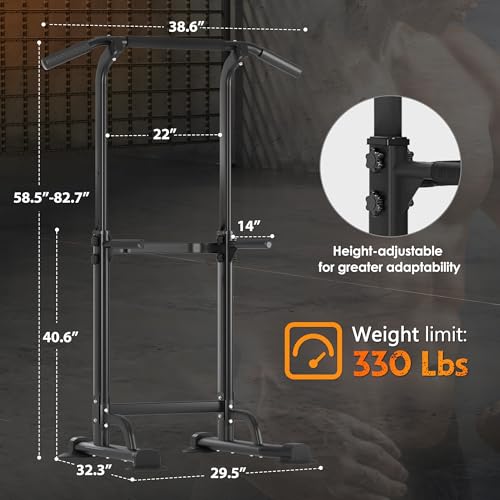 Adjustable Power Tower Pull Up Bar Dip Station, Free Standing Pull Up Rack Dip Station for Home Gym, 400LBS Capacity Height Heavy Duty Multi-Function Home Strength Training Fitness Workout Equipment - color: Black