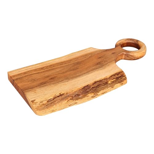 GoCraft Acacia Wood Live Edge Cutting Board – 17 x 8 Inch – with Round Handle – Paddle Shaped Rustic Cheese Board | Charcuterie Tray | Wooden Chopping Board for Kitchen | Food Serving & Display Tray