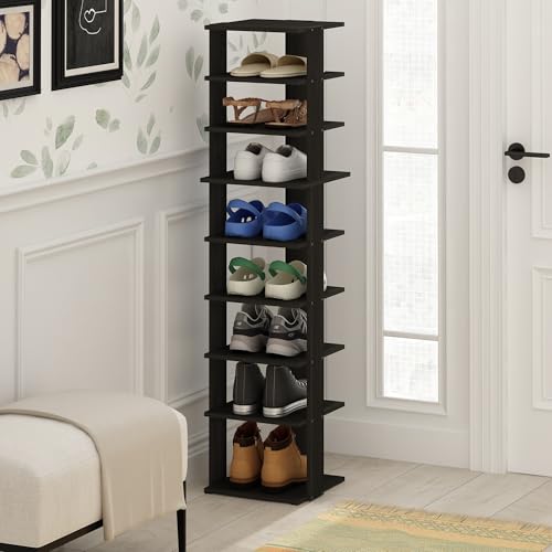 Furinno Compact Vertical Shoe Rack, 9-Tier Narrow Shoe Organizer, Free Standing Shoe Storage, Shoe Shelf for Boots, Sneakers, 12 x 12.6 x 51, for Closet, Entryway, Office, Garage, Espresso