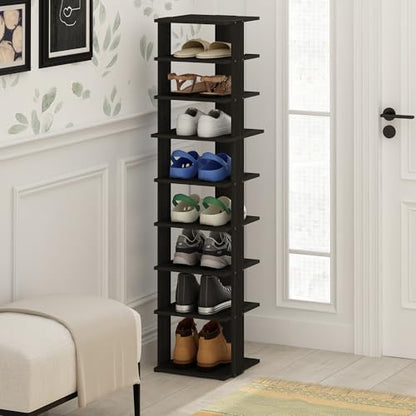 Furinno Compact Vertical Shoe Rack, 9-Tier Narrow Shoe Organizer, Free Standing Shoe Storage, Shoe Shelf for Boots, Sneakers, 12 x 12.6 x 51, for Closet, Entryway, Office, Garage, Espresso