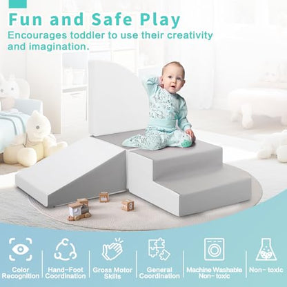 TODIBY Foam Blocks Climbing for Kids: Toddler Toys for Indoor and Outdoor Fun - Soft PU Leather Play Structure for Crawling and Sliding - Ideal for Playhouse and Play Gym Activities - style: Grey/White