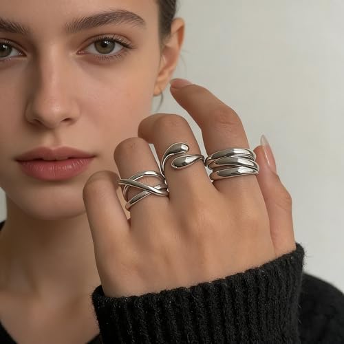 YEEZII Chunky Gold Rings for Women Non Tarnish, 18K Gold Plated Stackable Thumb Ring, Statement Women Rings Set - color: Silver-3Pcs