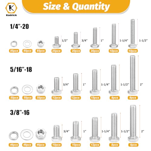 Kadrick 744Pcs 18-8(304) Stainless Steel Hex Bolts Assortment,1/4-20 5/16-18 3/8-16 Heavy Duty Bolts and Nuts Kit, Assorted SAE Bolts Nuts Flat&Lock Washers,Lenth Form 1/2''-2'' - size: 744Pcs SAE HEX Stainless