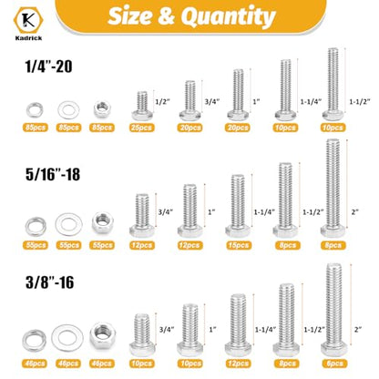 Kadrick 744Pcs 18-8(304) Stainless Steel Hex Bolts Assortment,1/4-20 5/16-18 3/8-16 Heavy Duty Bolts and Nuts Kit, Assorted SAE Bolts Nuts Flat&Lock Washers,Lenth Form 1/2''-2'' - size: 744Pcs SAE HEX Stainless