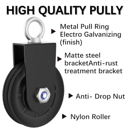 BESTEEL 4Pcs 90mm Nylon Gym Pulleys Cable Pulley Wheel with Strap&Carabiner | 3.5 In 360 Degree Rotation Silent Bearing Detachable Traction Wheel For Gym Weight Lifting Replacement System,DIY,Home