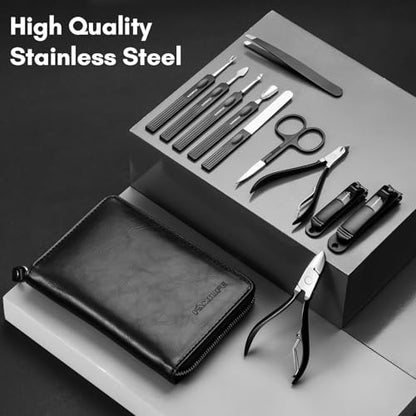 FAMILIFE Professional Manicure Set, Manicure Kit, Nail Clippers Set, 11 in 1 Stainless Steel Black Pedicure Tool, Nail Kit with Portable Leather Travel Case Luxury Gifts - color: Black-1