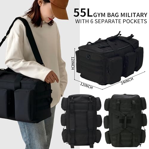 3 In 1 Military Duffel Bag 50L Gym Bag for Men Convertible Weekender Backpack for Sports Travel Basketball - color: 50L-Black