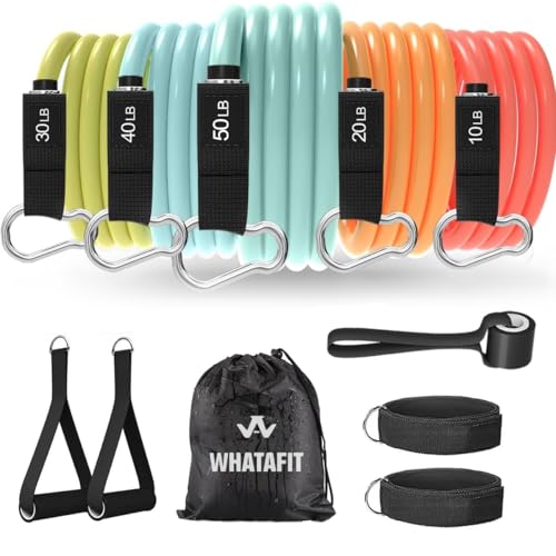 WHATAFIT Resistance Bands with Handles, 5-Level Exercise Bands for Workout | Natural latex,10-50 lbs, stackable to 150,Ankle Straps, Door Anchor,Guide. For Strength, Yoga,Home Gym,Travel & Workout. - color: Macaron-01
