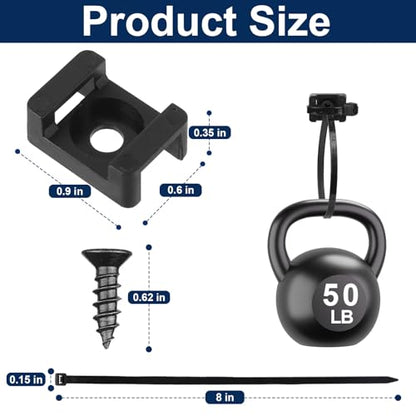 Premium Cable Zip Tie Mounts Kit - 60 Packs Wire Management Holder & Cable Clips, 8" High-Strength Nylon Ties & 5M Screws, Heavy Duty Fasteners for Wall/Desk, Indoor & Outdoor Cable Organizer