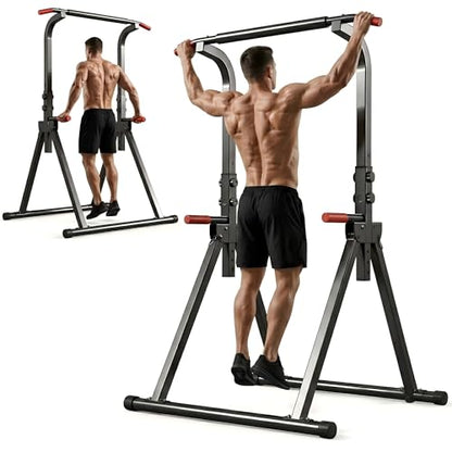 Power Tower, Foldable Dip Station & Pull Up Bar Stand, 6-Level Adjustable Height, 440lbs Heavy-Duty Strength Training Equipment for Home Gym