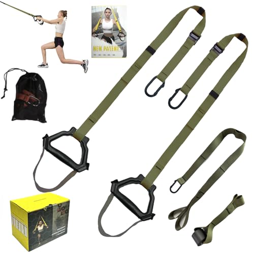 Bodyweight Resistance Training Straps, Complete Home Gym Fitness Trainer kit for Full-Body Workout, Included Door Anchor, Extension Strap, Fitness Guide - color: Army Green