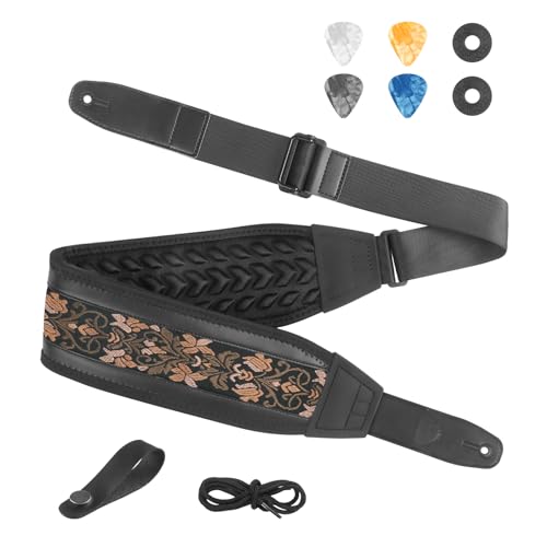Guitar Strap and Bass Strap, Embroidered Guitar Strap, Adjustable Strap Length, Equipped with 3D Sponge Filled Foam Pad, Come with 4 Picks + 2 Strap Locks, Best Gift for Guitar Players, Vintage Yellow - color: Vintage Coffee