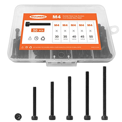 M4 x 30mm 35mm 40mm 45mm 50mm Hex Socket Head Cap Screws Bolts, 12.9 Grade Alloy Steel, Black Oxide Finish, Allen Hex Drive, Metric Machine Fully Threaded, Assortment Kit 50PCS - size: M4 x 30/35/40/45/50mm (50PCS)
