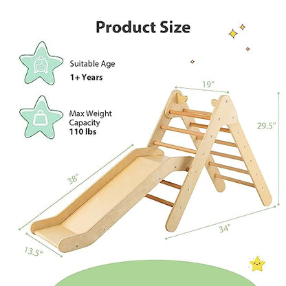 OLAKIDS Pikler Triangle Set 2 in 1 Climbing Toys for Toddlers Foldable Wood Montessori Baby Jungle Gym with Ladder Ramp Slide Kids Indoor Playground Activity Play Structure - color: Natural
