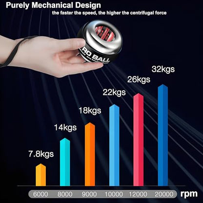 EXBEPE Metal Torque Ball with Light, Weighted Auto-Start Gyro Ball Hand Wrist Forearm Trainer and Strengthener for Exercise Joint and Muscle with Bag - color: Silver