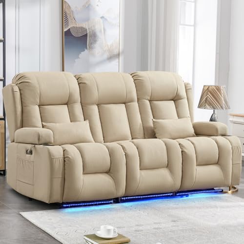 IPKIG Power Loveseat Recliner Sofa with Flip-Up Backrest Console, USB & USB-C Ports, AC Outlet, LED Lights, Wall Hugger Recliners for Living Room, RV (Beige, 76.8" - 3 Seat) - color: Beige, size: 76.8" - 3 Seat