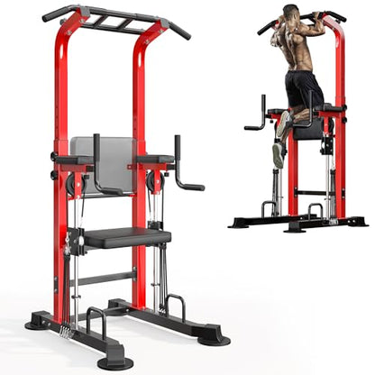 SogesHome Power Tower Pull Up Bar Station Height Adjustable Assistive Rack | Multi-Function Strength Training Equipment Full Body Workout Machine, Freestanding Push Up Dip Stand for Home Gym Exercise - color: Red