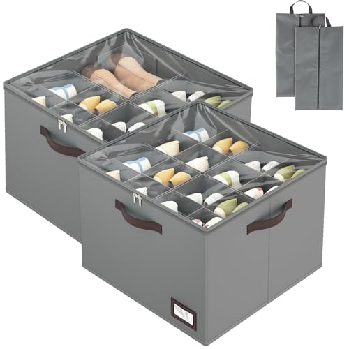 OIAHOMY 2 Pack Shoe Organizer for Closet, Large Foldable Shoe Storage Bins with Dividers and Reinforced Handles, Each Clear Cover Sneaker Box Fits Up to 16 Pairs for Entryway and Bedroom, Grey - color: Grey, size: Large