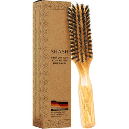 SHASH 100% First Cut Boar Bristle Hair Brush, Suitable For Thin To Normal Hair - Naturally Conditions Hair, Improves Texture, Exfoliates, Stimulates, Made in Germany