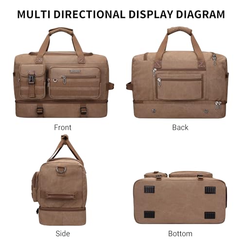 WITZMAN Duffle Bag for Men 50L Travel Canvas Weekender with Toiletry Bag | With Shoe Compartment and Dry-wet Pocket, Convertible, Carry On, One Duffel for Gym, Sports, Overnight, A8010/2 Brown - color: Brown